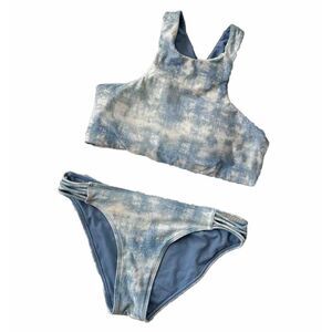 Billabong High Neck Sporty Blue White Lace up Back Strappy Bikini Set Medium